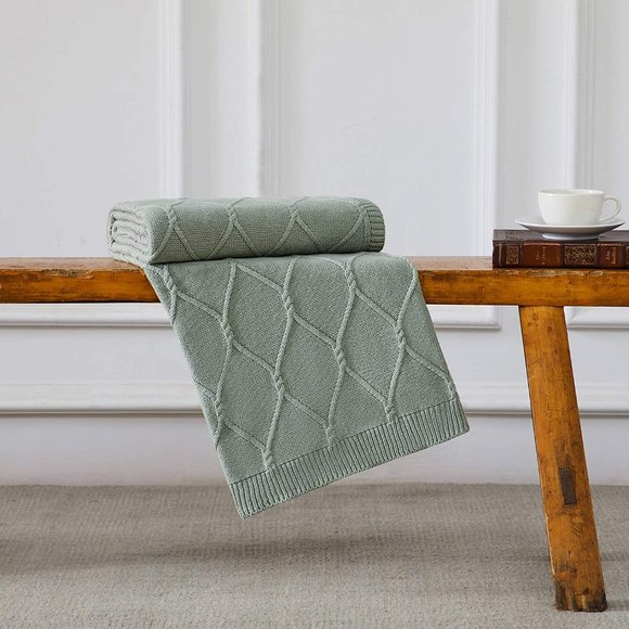 Bedding Luxury Cotton Knitted Throw Blanket Sage Green Poshmark